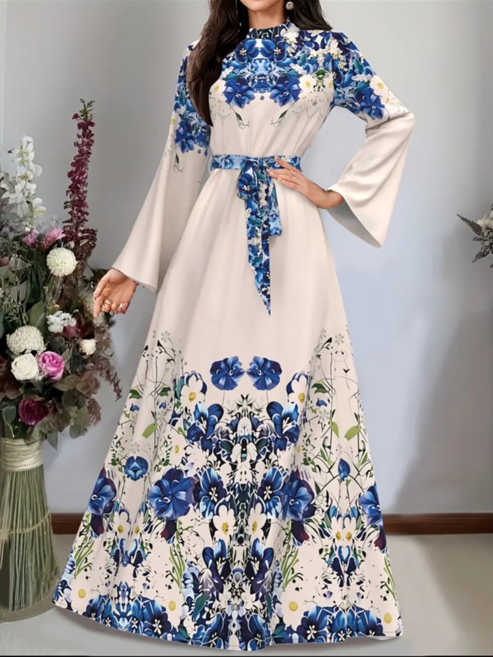 Elegant Blue Floral Maxi Dress with Belt